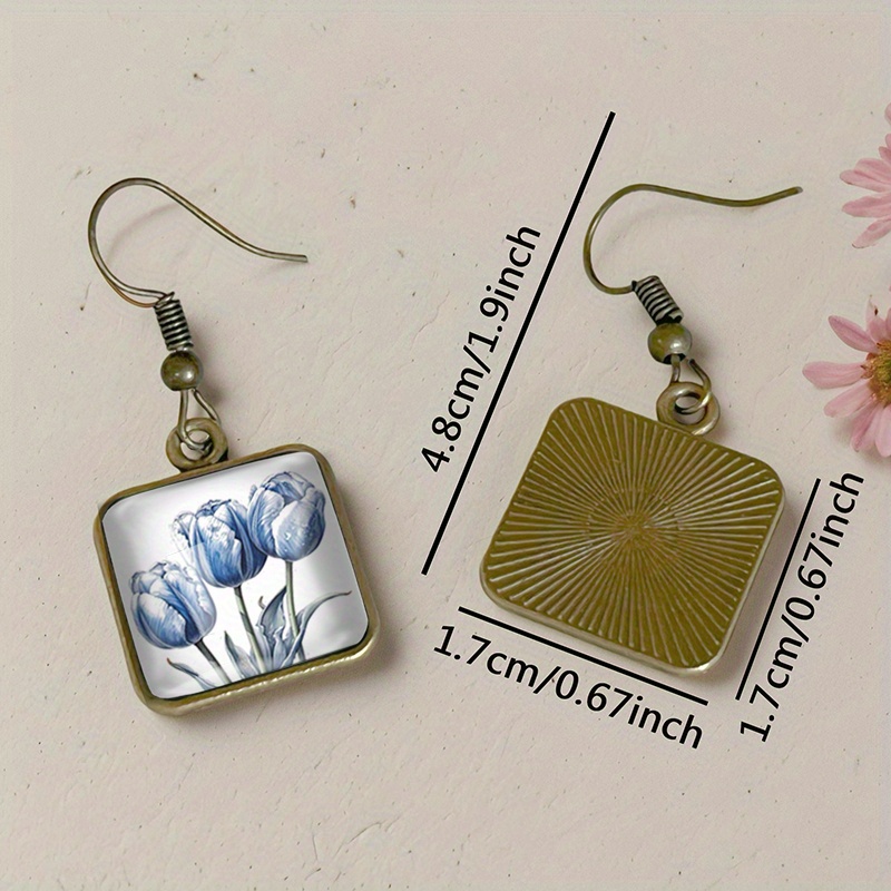 Women's Blue Tulip Square Dangle Earrings, Handmade Gift